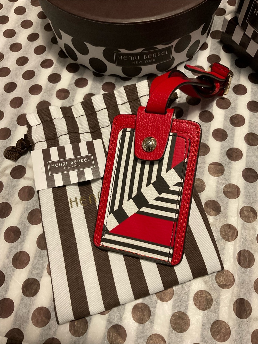 Henri Bendel West 57th Blocked Pattern Bag/Luggage Tag Red w Centennial Stripes - Picture 11 of 12